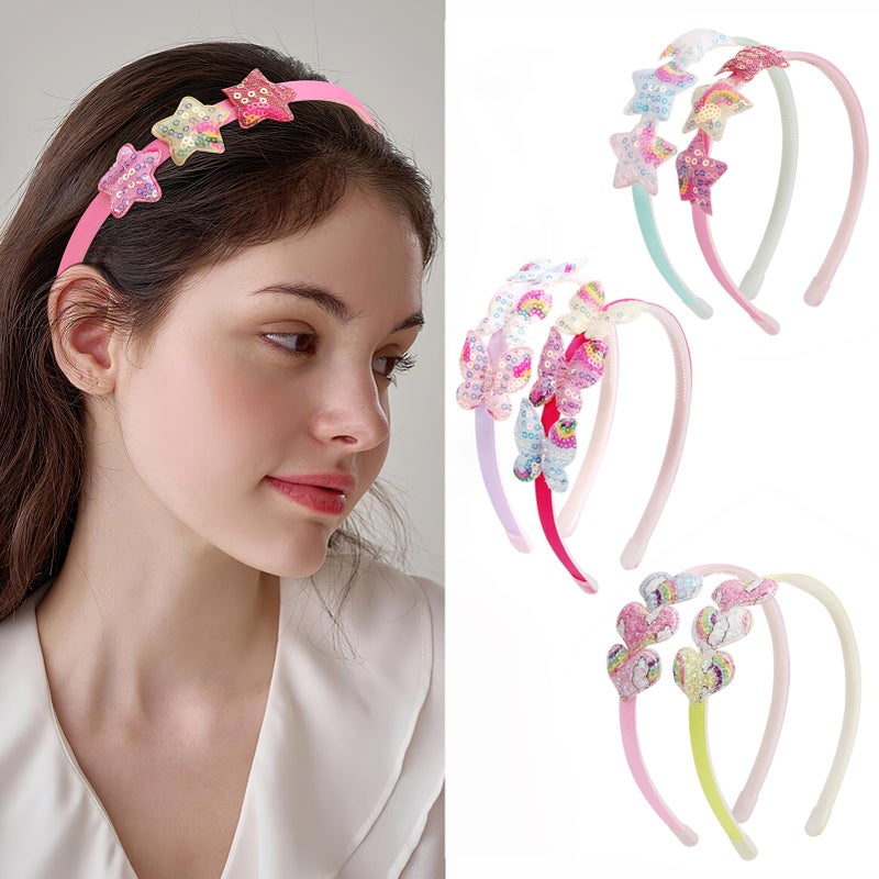 Fishdown Girls Headbands for Kids Glitter Toddler Girl Sequin Hairbands Glitter Heart Rainbow Butterfly Star Non-slip with Teeth (6 PCS) - Image 3